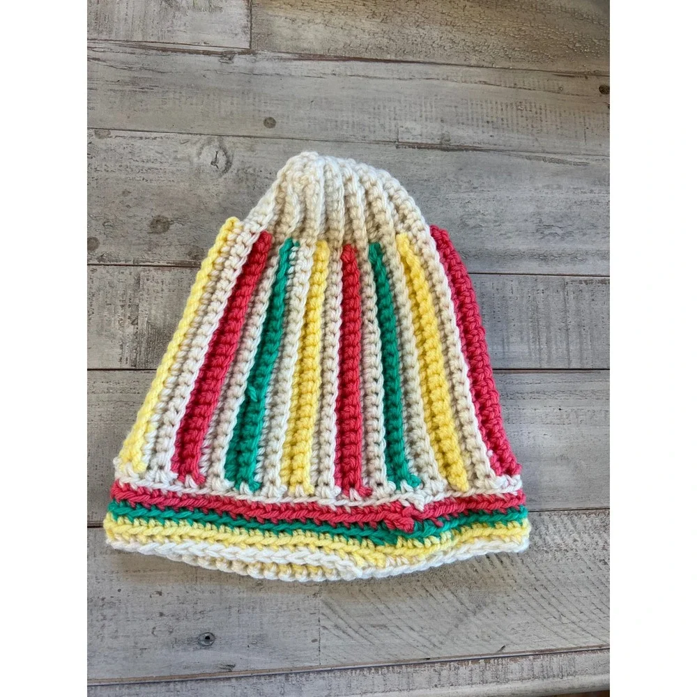 Handmade Crochet Striped Beanie Cream Red Yellow Green Ribbed Knit Winter Hat